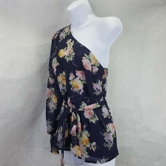 GIBSON LOOK Blouse Women XS One Shoulder Tie Waist Black Floral Side Zip Top NEW - Picture 3 of 16